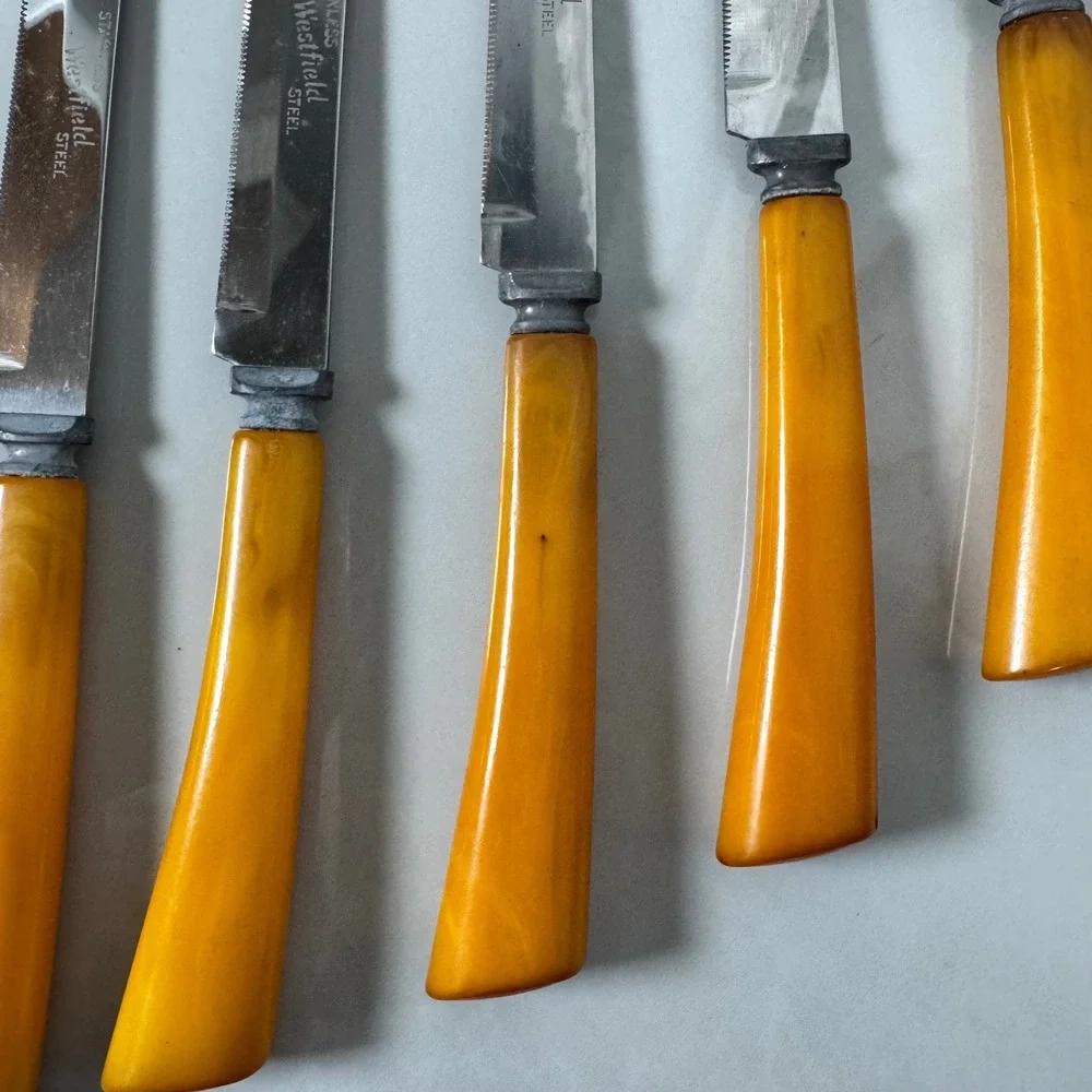 Westfield Stainless Carving Knife Fork 6 Steak Knives Set Butterscotch Bakelite